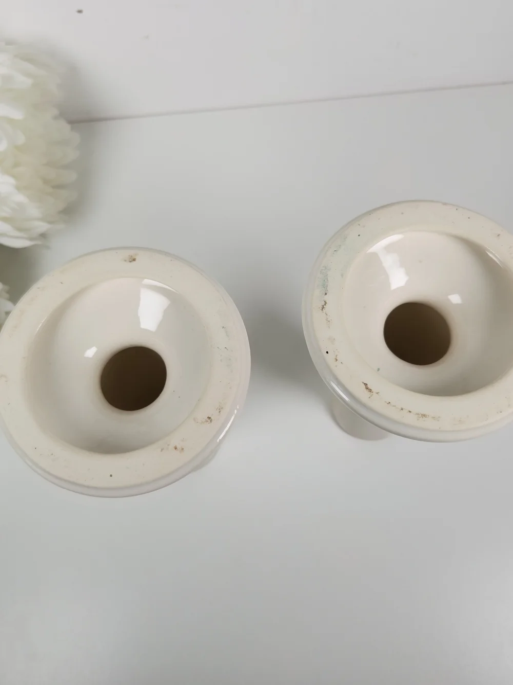 Vintage Pair of White Ceramic Pottery Candlestick Holders,  Art Deco Design